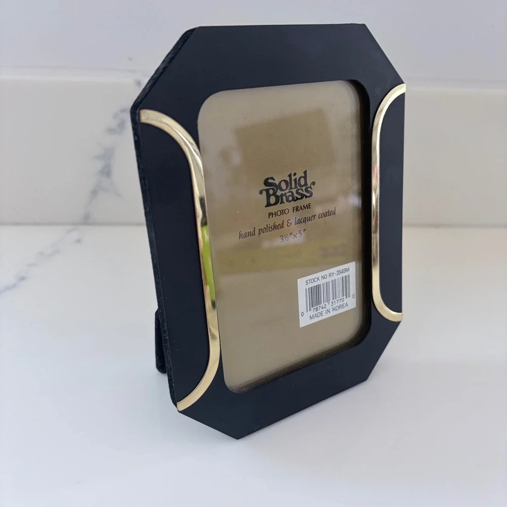Vintage Solid Brass Black Lacquer Octagon Picture Frame 3.5x5 Art Deco Style